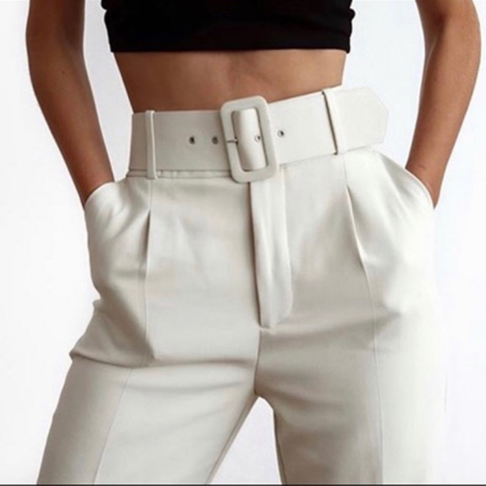 ZARA Beige Belted High Waist Tapered Trouser Pants - Picture 5 of 9